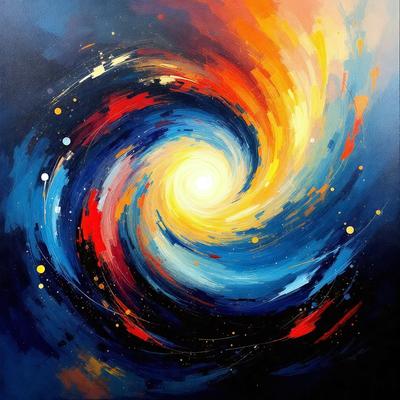 The primary subject of the image is a colorful, abstract painting featuring a spiral design. The setting is a black background, which contrasts with the vibrant colors of the spiral. The visual style is a combination of digital art and illustration, creating a unique and eye-catching piece of art. The dominant colors are blue, yellow, and orange, which contribute to a lively and energetic atmosphere.